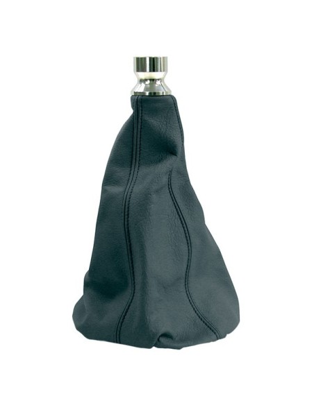 Cuffia cambio in pelle nera con ghiera cromata per pomelli