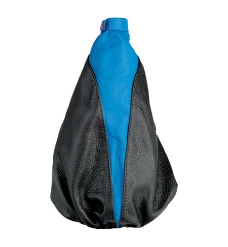 Cuffia cambio in pelle nera con inserto in pelle celeste