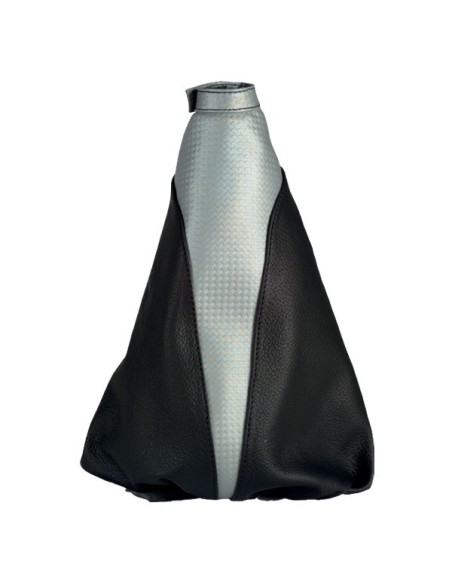 Cuffia cambio in pelle nera con inserto in pelle metal argento