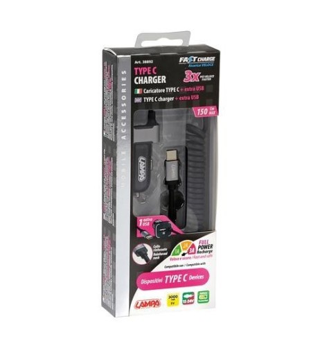 Caricabatteria Usb type C 1 porta Usb Fast Charge 3000 mA 12 24V