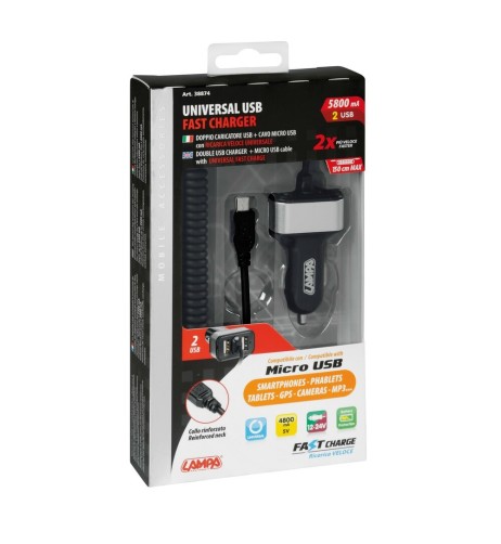 Caricatore auto doppia presa USB ricarica veloce 5800 mA 12 24V Micro Usb