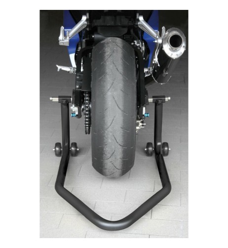 Cavalletto moto a sollevamento posteriore con ruotini