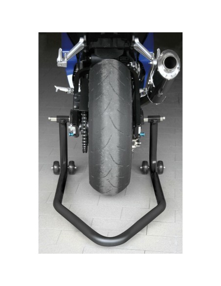 Cavalletto moto a sollevamento posteriore con ruotini