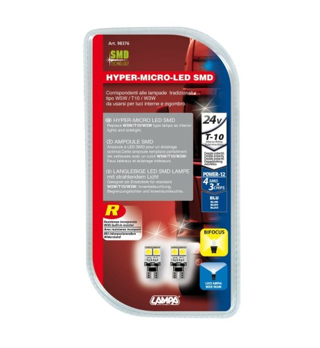 Coppia lampadine Hyper Led 24V T10 W2 1x9 5d 4 LED blu