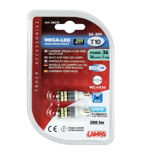 Coppia lampadine Mega Led 24 30V T10 W2 1x9 5d 36 LED