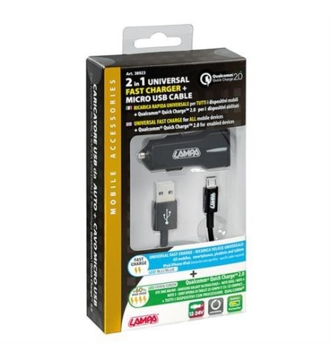 Kit 2 in 1 Caricatore auto Micro Usb Qualcomm Quick Charge 12 24V