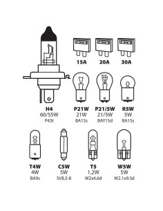 Kit lampadine di ricambio 12V H4 P21W P21 5W R5W T4W C5W T5 W5W fusibil