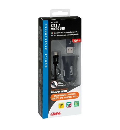 Kit presa USB auto con cavo 100cm USB Micro USB 12 24V solo per ricarica