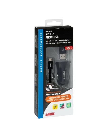Kit presa USB auto con cavo 100cm USB Micro USB 12 24V solo per ricarica
