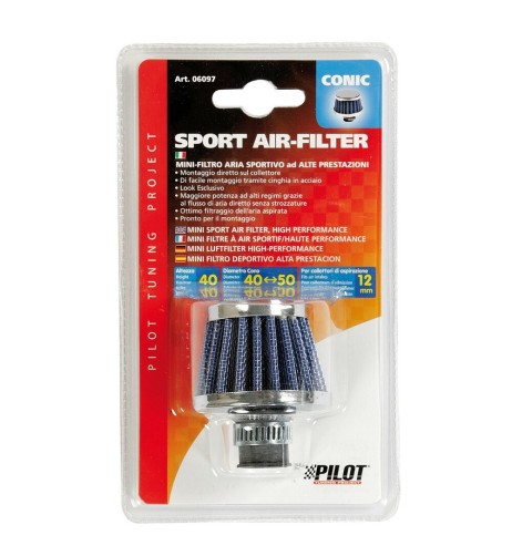 Mini filtro aria conico sportivo Altezza 40mm Base 50mm Attacco 12mm