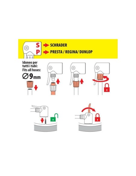 Raccordo gonfiaggio autobloccante per tubi diametro 9mm