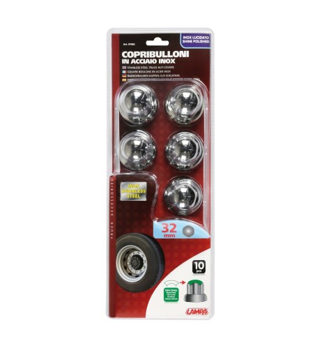 Set 10 copribulloni ruota camion in acciaio diametro 32mm testa tonda