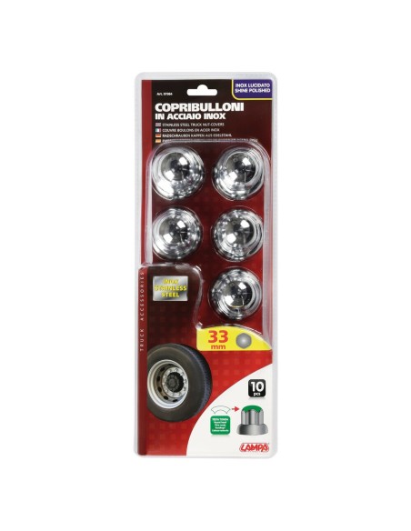 Set 10 copribulloni ruota camion in acciaio diametro 33mm testa tonda