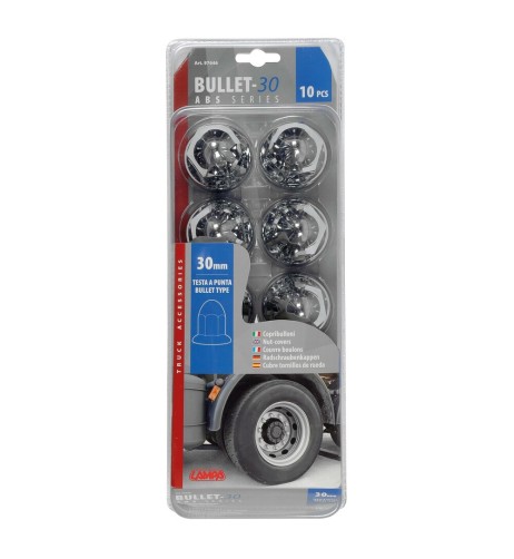Set 10 copribulloni testa a punta camion cromati in ABS diametro 30mm