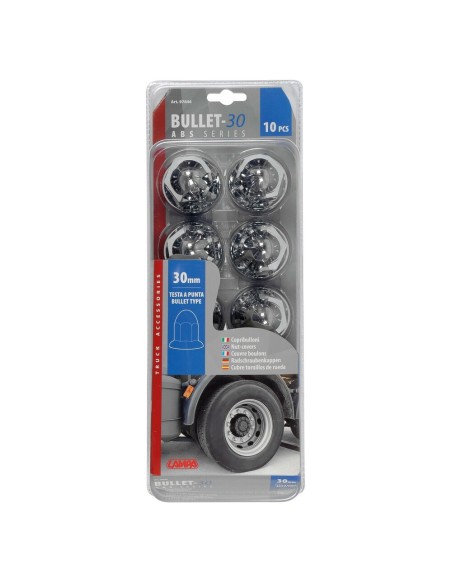 Set 10 copribulloni testa a punta camion cromati in ABS diametro 30mm