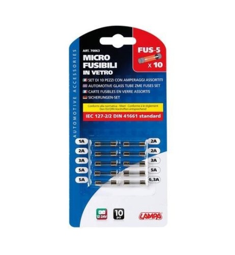 Set 10 micro fusibili in vetro assortiti 12 32V 1 6 3A
