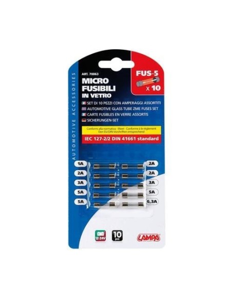 Set 10 micro fusibili in vetro assortiti 12 32V 1 6 3A