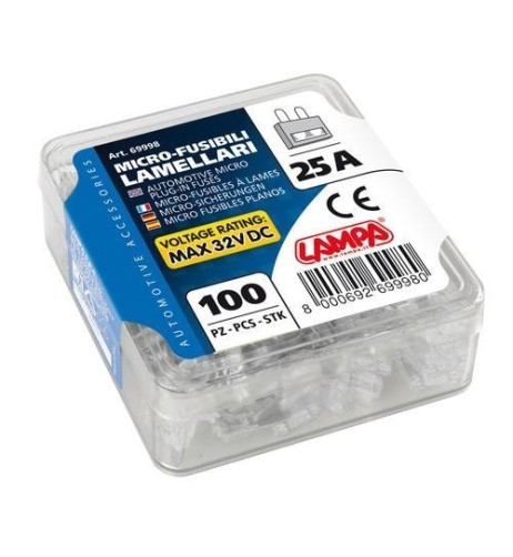 Set 100 micro fusibili lamellari monoamperaggio 12 32V 25A