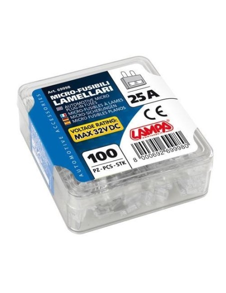 Set 100 micro fusibili lamellari monoamperaggio 12 32V 25A