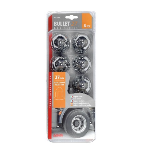 Set 8 copribulloni testa a punta camion cromati in ABS diametro 27mm