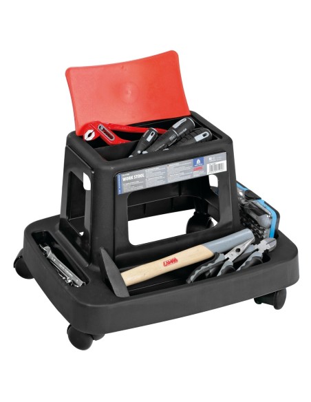 Sgabello da lavoro con vani portaoggetti e ruote