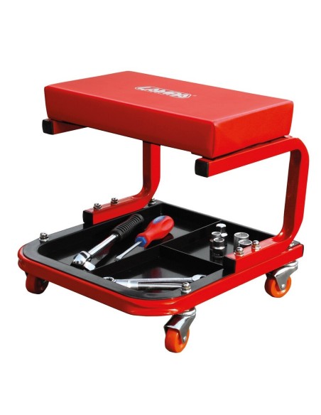 Sgabello da officina rettangolare con vassoio portautensili