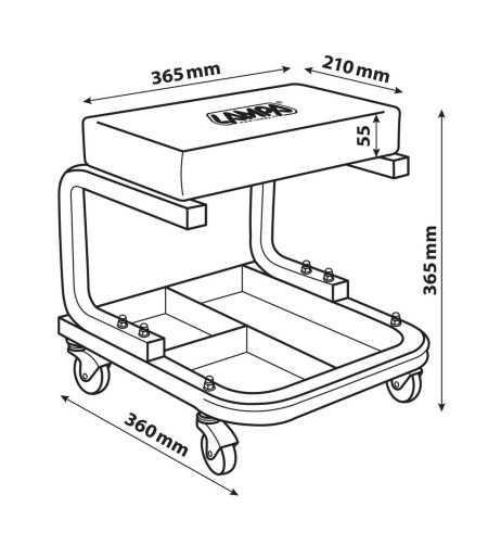 Sgabello da officina rettangolare con vassoio portautensili