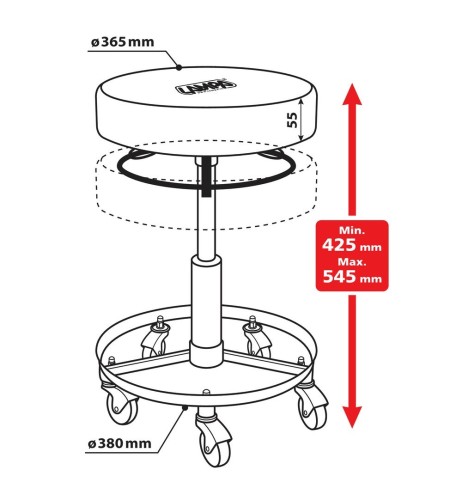 Sgabello da officina rotondo con vassoio portautensili regolabile in altezz