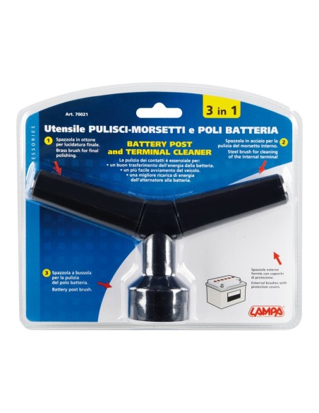 Utensile pulisci poli morsetti batteria 3 in 1