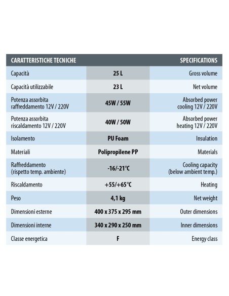 Frigorifero scaldavivande portatile 25 litri 12V 220V