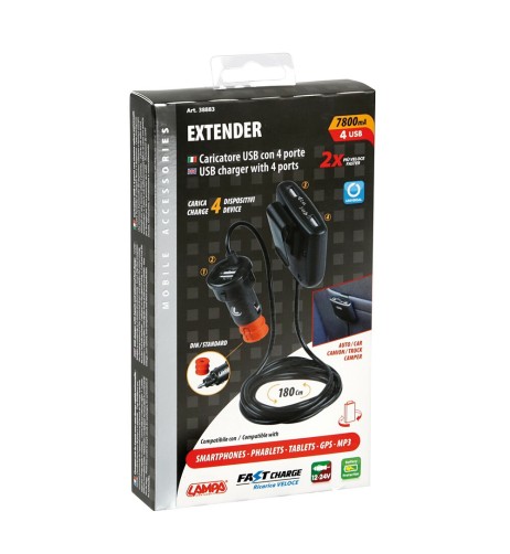 Caricabatteria 4 porte Usb con prolunga 180cm Fast Charge 7800mA 12 24V
