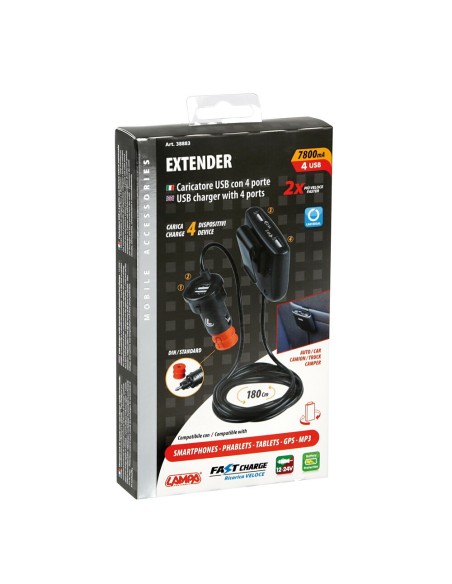 Caricabatteria 4 porte Usb con prolunga 180cm Fast Charge 7800mA 12 24V