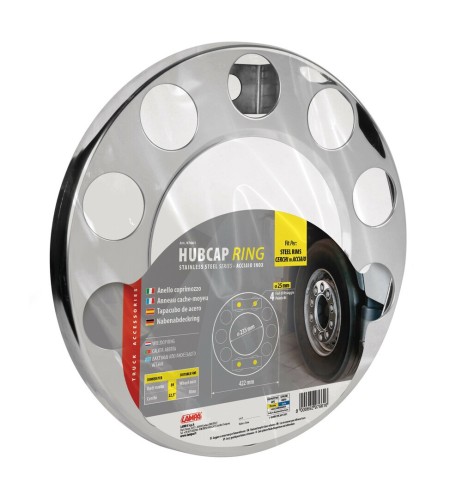 Anello coprimozzo inox vuoto 422mm fori 25mm cerchi in acciaio Camion