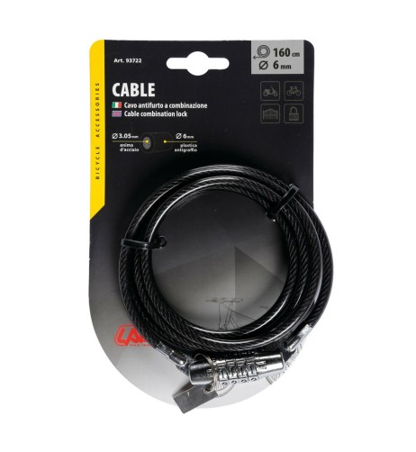 Cavo antifurto 160cm acciaio diametro 6mm bicicletta bici ciclo con combina