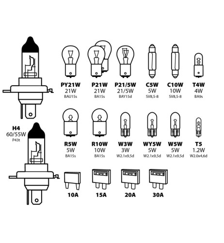 Kit lampadine di ricambio 19 pezzi H4 12V lampadine stop e direzione fu