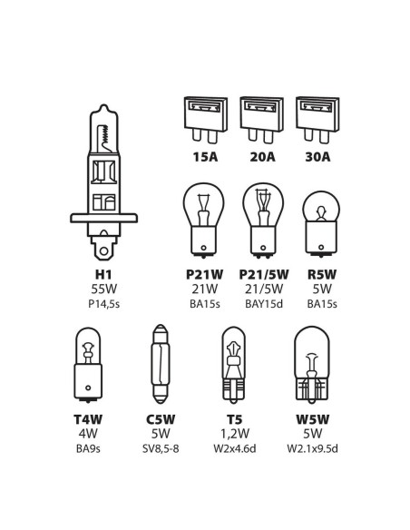 Kit lampadine di ricambio 12V H1 P21W P21 5W R5W T4W C5W T5 W5W fusibil