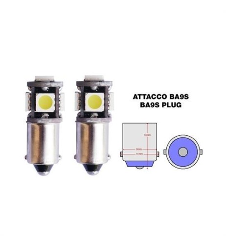 Kit 2 lampadine Ba9s a 5 LED Canbus no polarity 6500K 1 9W 12V