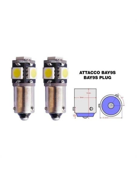 Kit 2 lampadine Bay9s a 5 LED Canbus no polarity 6500K 1 9W 12V