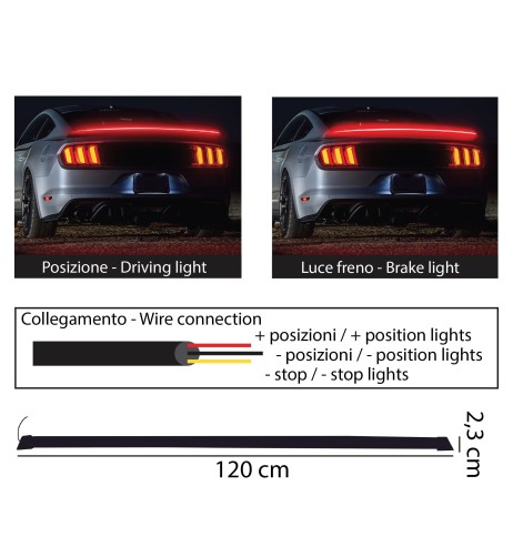 Spoiler adesivo nero da baule con led rosso 120cm