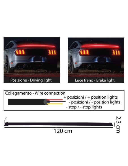 Spoiler adesivo nero da baule con led rosso 120cm