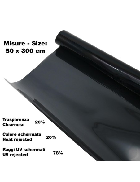 Pellicola oscurante nera vetri auto trasp 20 300x50cm 78 UV schermati