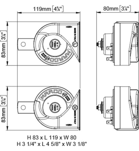 Kit Trombe elettromagnetiche bitonali clacson camion 24V 80mm