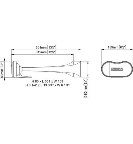 Kit tromba elettropneumatica 2 cornetti 35cm 24V esterno suono unito