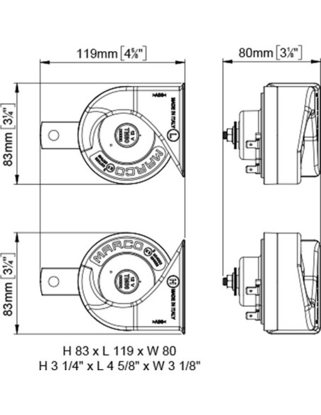 Kit 2 Trombe elettromagnetiche bitonali clacson auto 12V 80mm