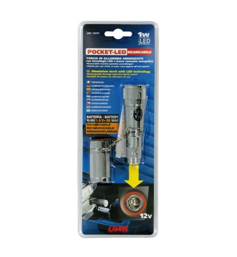 Torcia LED alluminio 1W ricaricabile nella presa accendisigari 12V