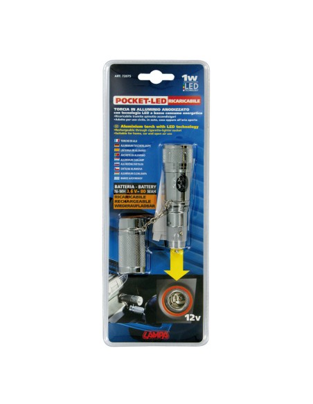 Torcia LED alluminio 1W ricaricabile nella presa accendisigari 12V