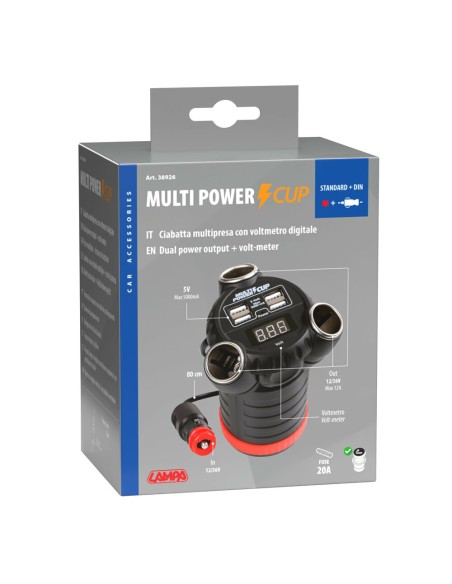 Multi Power Cup 3 prese accendisigari 4 USB e voltmetro 12 24 36V