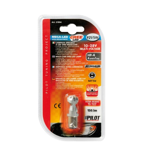 Lampadina auto BAY15d P21 5W Mega Led HP 4 CREE 10 28V Rosso