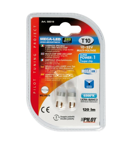 Kit 2 lampadine Mega Led 10 32V T10 W2 1x9 5d 1 LED 6500K