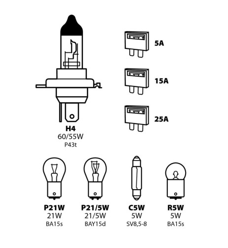 Kit lampadine di ricambio 12V H4 P21W P21 5W C5W R5W fusibili